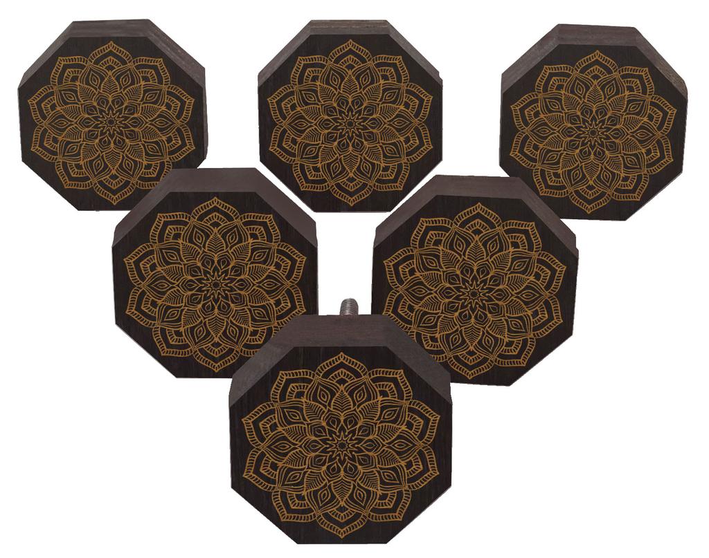 IBA Indianbeautifulart Brown Engraved Knobs Pack of 10 Wooden Wardrobe Door Knobs Drawer