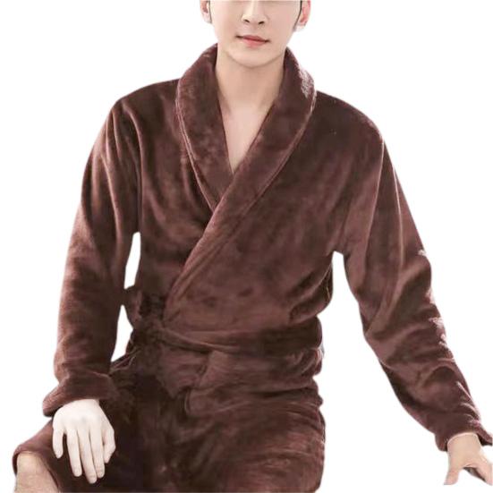 Осень-зима мужская ночная рубашка фланелевая карманы лацканы однотонный длинный рукав халат плюс