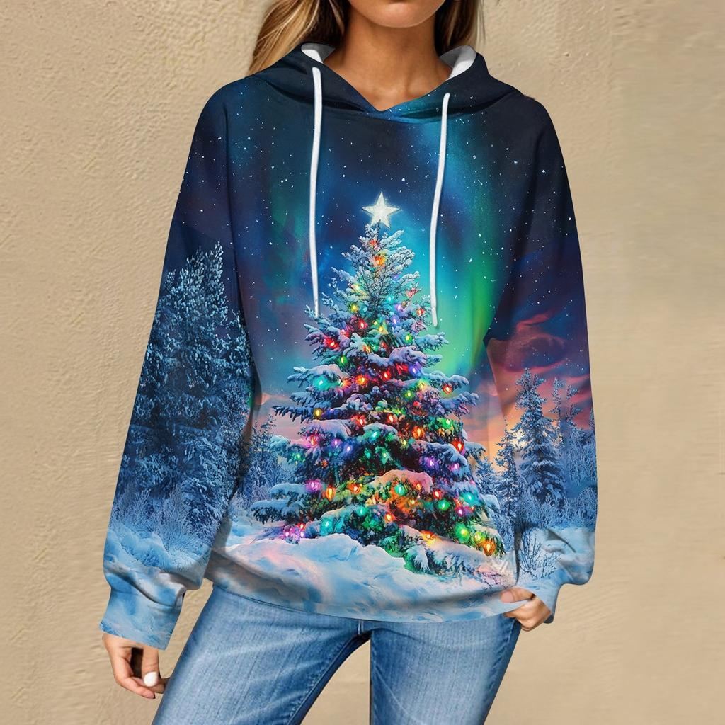 Женская повседневная мода рождественский принт длинный рукав пуловер толстовки с капюшоном свитшоты