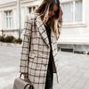 Зимнее осеннее женское пальто с отложным воротником, клетчатый принт, двубортное, с длинными рукавами, плотная куртка средней длины для свиданий, поездок на работу, офиса