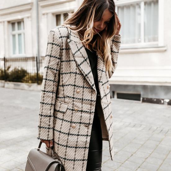 Зимнее осеннее женское пальто с отложным воротником, клетчатый принт, двубортное, с длинными рукавами, плотная куртка средней длины для свиданий, поездок на работу, офиса