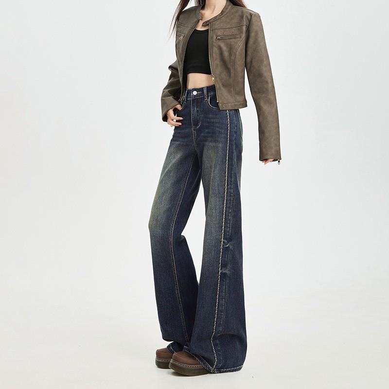 Womens Embroidered Flare Jeans High Waist Loose Non-tightening Vintage Denim Pants Slim Fit Versatile Long Trousers