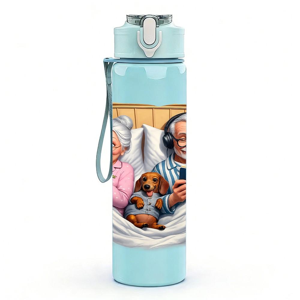1PC Elderly Couple Warm Pillow Art Print 750ml Color Plastic Sports Water Bottle Leakproof Flip Straw Lid Suitable for Sports Office Home Use