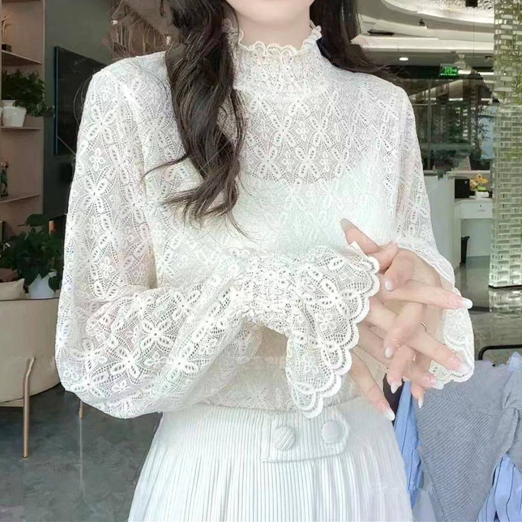 Осенне-зимняя женская рубашка с полувысоким воротником и бархатной кружевной основой, облегающая рубашка с длинными рукавами