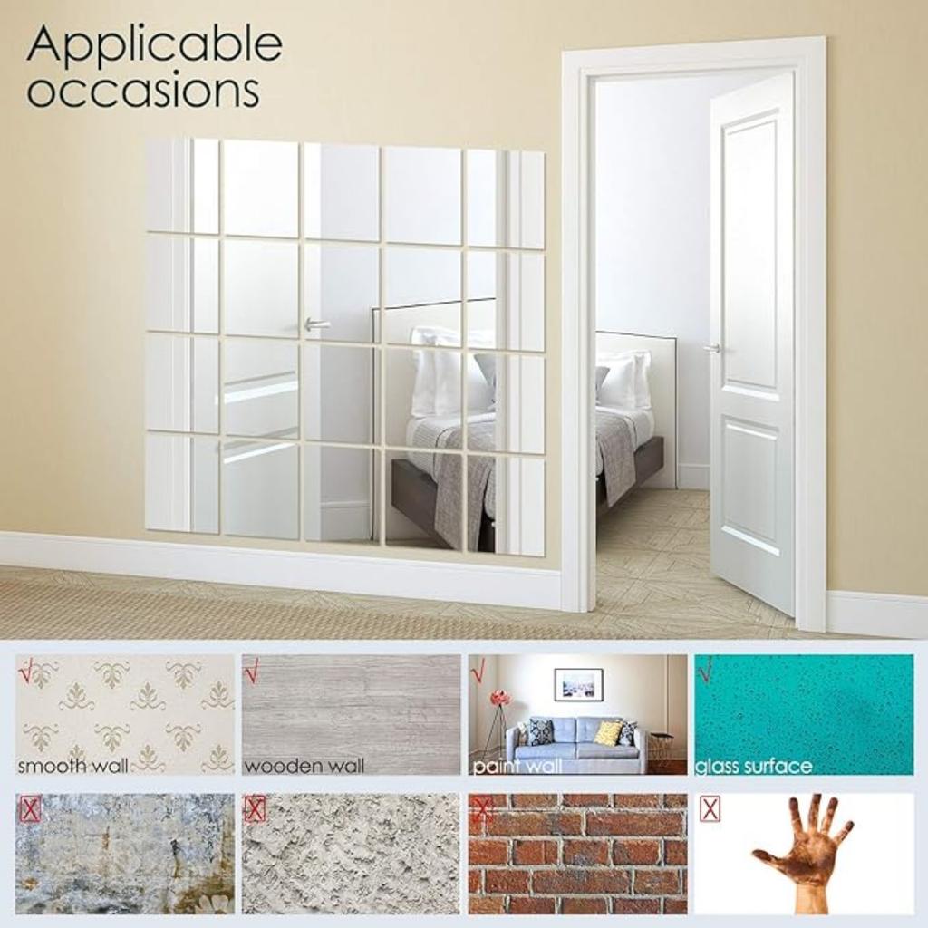 60Pcs Flexible Mirror Sheets Self-Adhesive Plastic Mirror Tiles Removable Acrylic Mirror Setting Wall Stickers for Home Decoration Not Real Glass