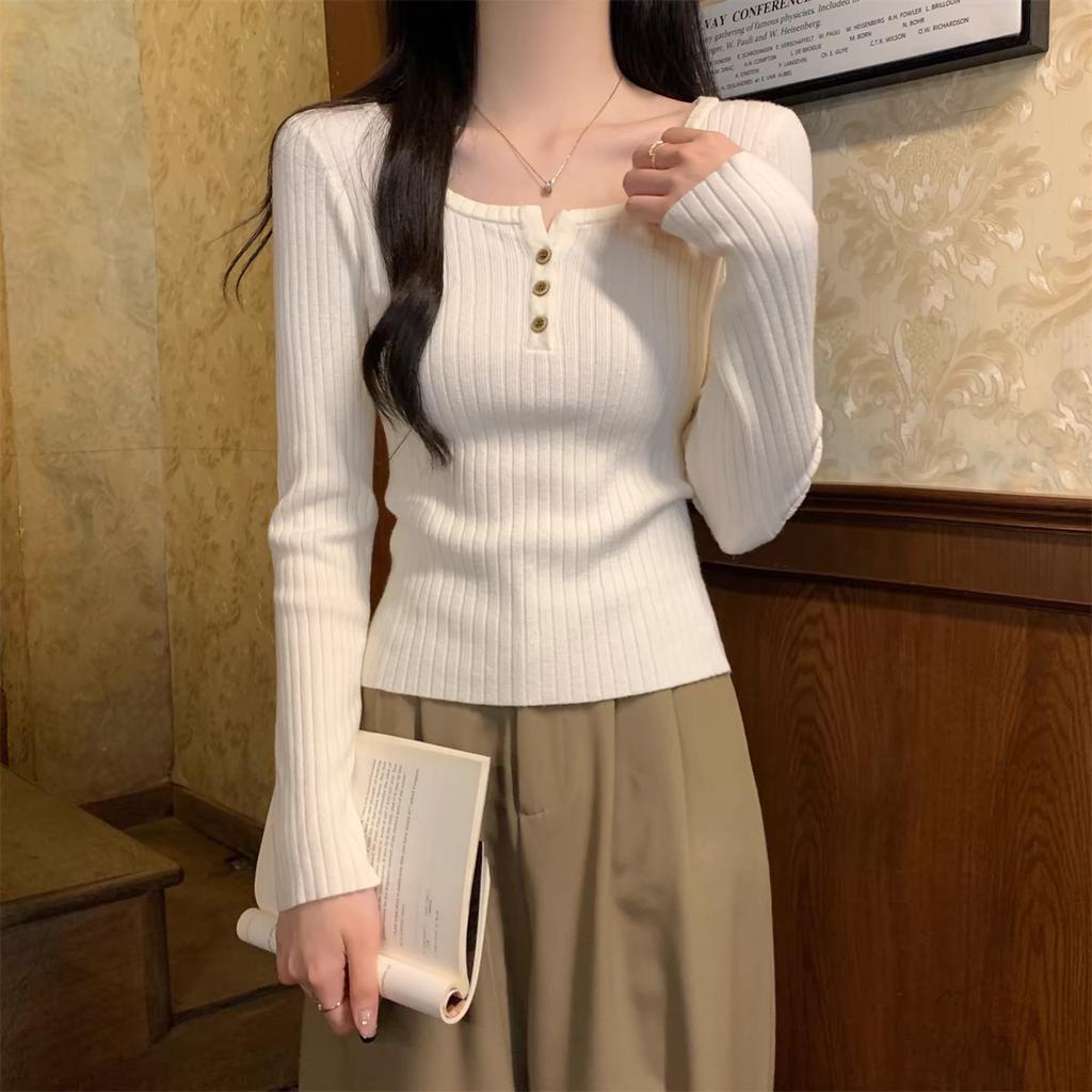 Женский трикотажный топ с длинным рукавом и низким вырезом в корейском стиле, осенне-зимний, стильный, облегающий, базовый слой, элегантная верхняя одежда