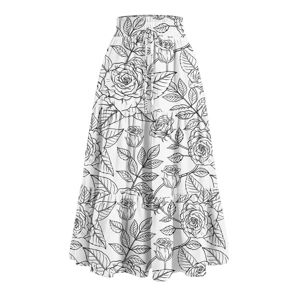 Women's Ruffled Spring Casual Long Skirt Plain Color Skirt Retro Pleated Skirt