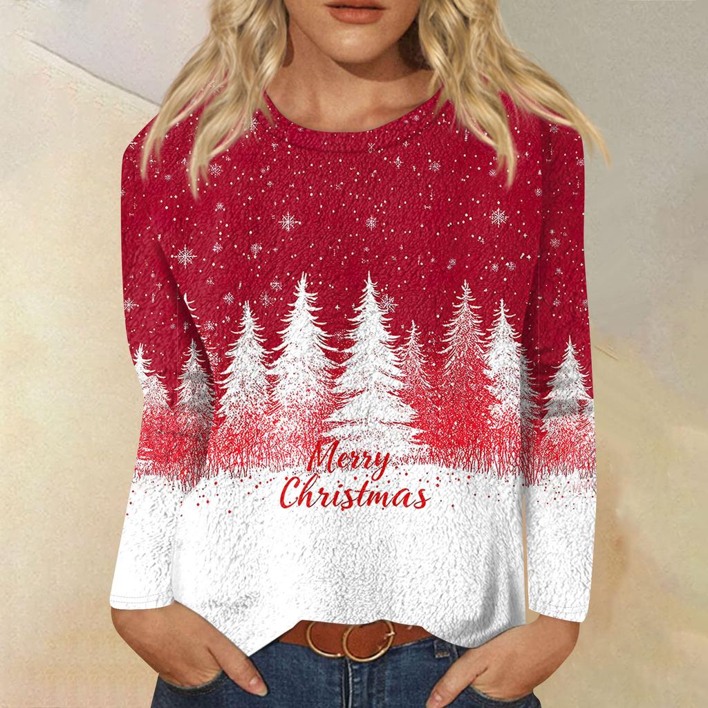 Женская модная повседневная фланелевая футболка с длинным рукавом и круглым вырезом с рождественским принтом