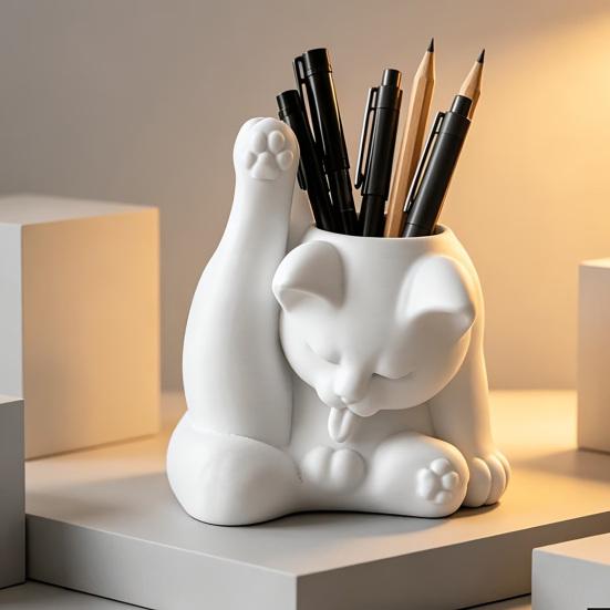 jijijing Cat Pen Holder, Cute Resin Desk Organizer, Funny Figurine, Decorative Storage Statue for Office Supplies, Creative Desktop Home Decor