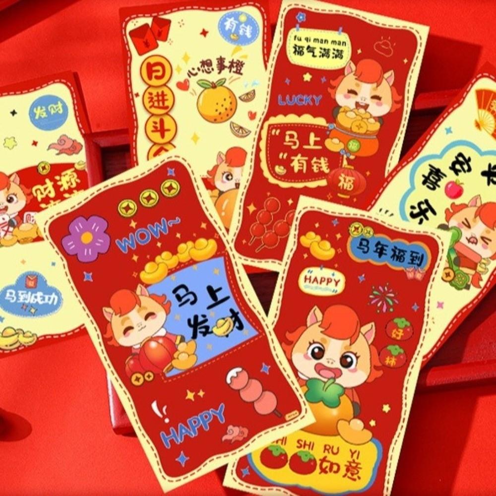 6pcs Chinese Style 2026 New Year Red Envelope Cartoon Traditional Horse Year Money Envelope Zodiac Horse Theme Thickened