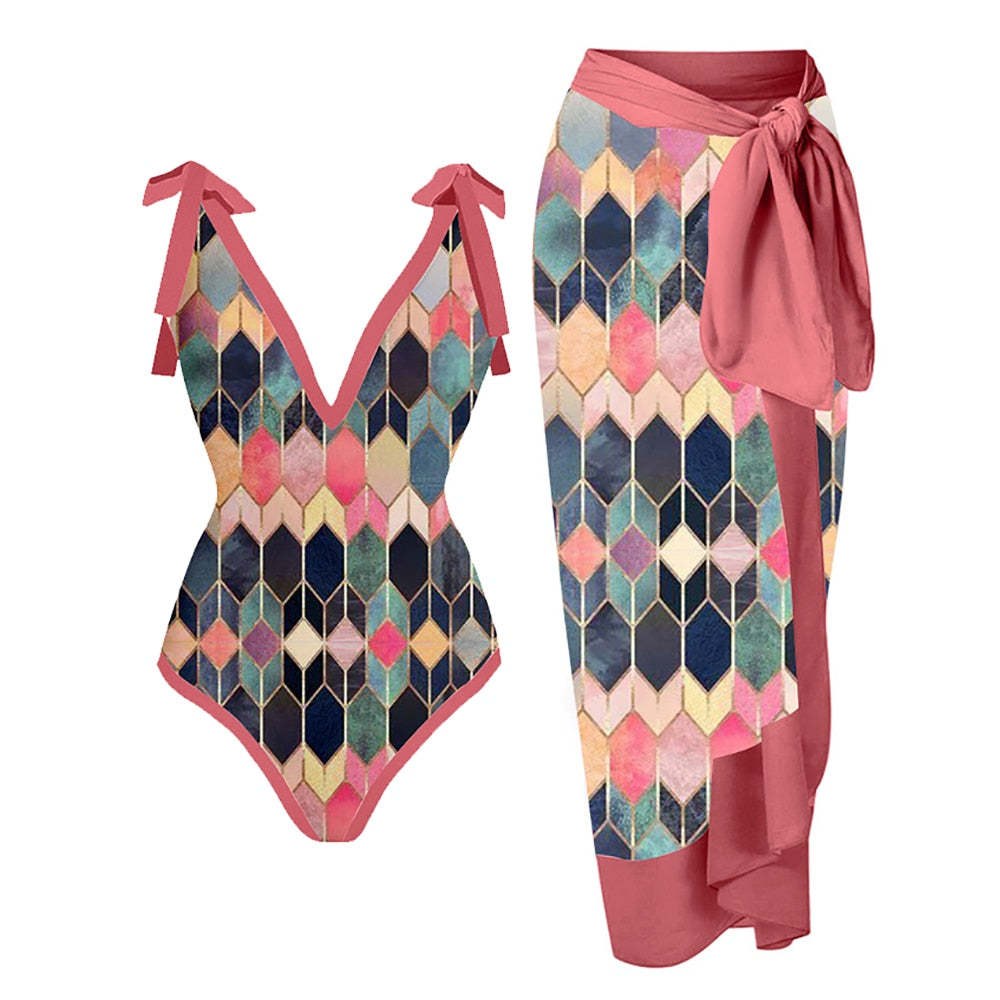 New Vintage Ethnic Print Women's One Piece Swimsuit Two Piece Sheer Skirt Conservative Push Up Padded Swimwear Beachwear