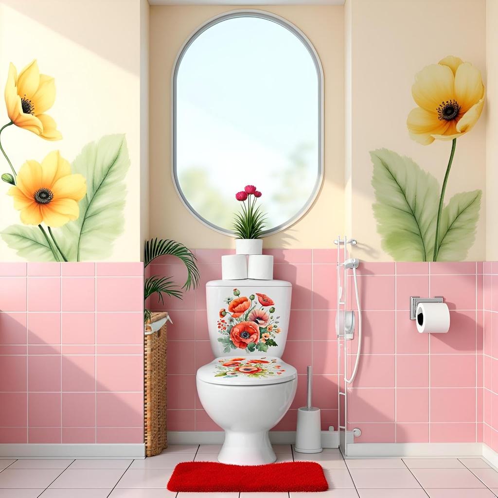 3Pcs Red 3D Poppy Flowers Toilet Seat Wall Sticker Self-Adhesive DIY Removable Watercolor Bouquet Toilets Stickers for Cistern Bathroom WC Restroom