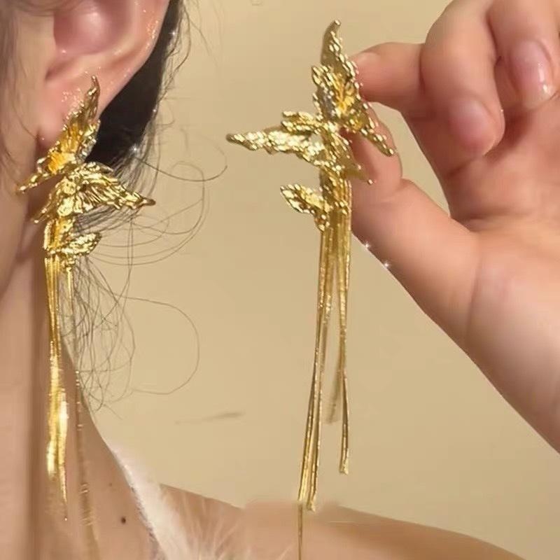 New Metal Tassel Drop Earrings for Women Double Butterfly Long Dangle Earrings Fashion Temperament Party Birthday Jewelry Gifts