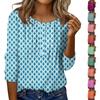 Women's Round Neck Pull Stripe Decorative Button Top Casual Solid Color 3/4 Sleeve T Shirt