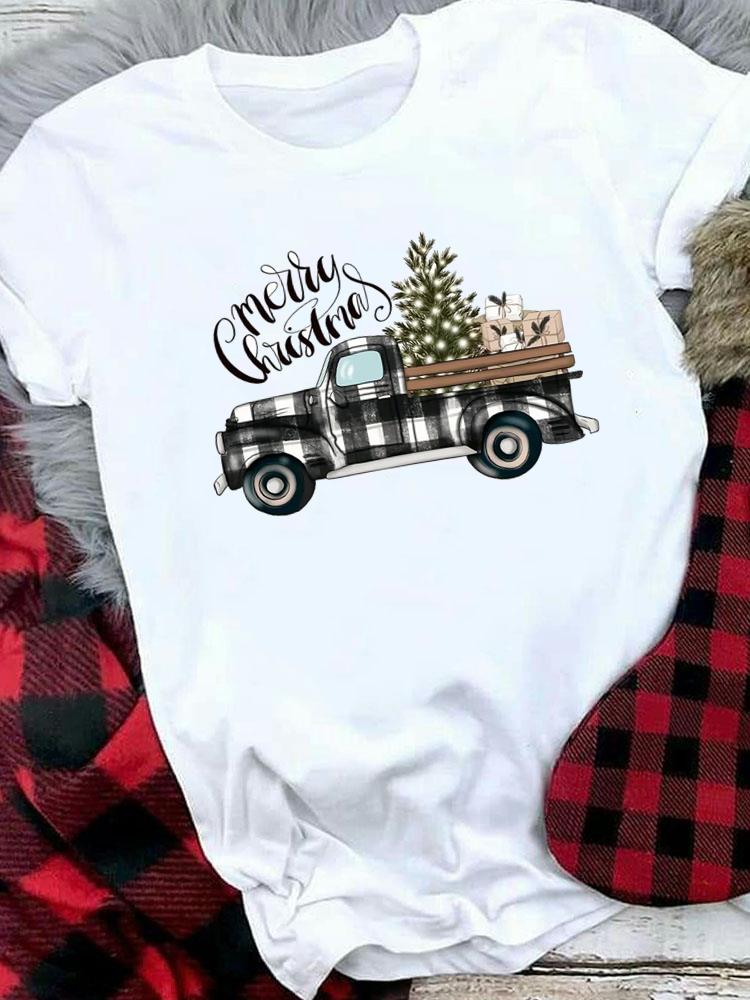 (Азиатский размер) Женская праздничная футболка с принтом, топ для фестиваля, С Рождеством, С Новым годом, с надписью, милая, в стиле 90-х, повседневная, женская, с коротким рукавом, модная, с графическим принтом