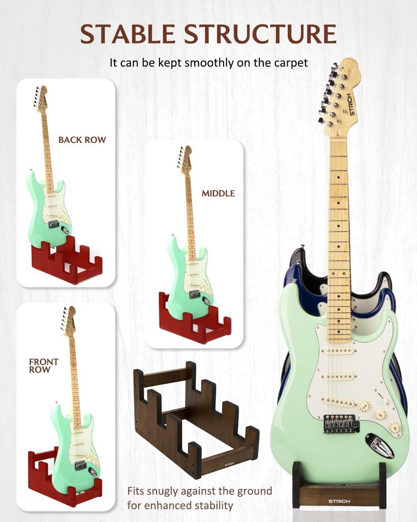 STRICH Wooden Guitar Front Stand for and Stage Walnut Color 3 L-3EW Floor-Mounted Stand, 3-Guitar Capacity, Display, Space-Saving, Multi-Guitar Home,
