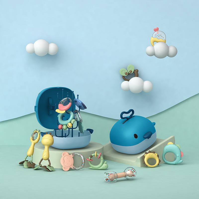 Детская игрушка, Набор погремушек в виде зубной пасты с китом, Мягкие моляры для кипячения, Ручное кольцо-колокольчик, Подарочная коробка для хранения.