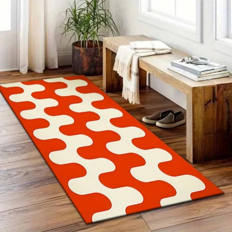 Retro Orange & White Wavy Geometric Print Runner Rug, Non-Slip Washable Durable Mat for Entryway, Hallway, Bedroom & Home Decor
