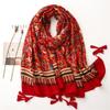 Bohemian Ethnic Cotton & Linen Scarf - Red Travel Shawl with Silk Accent