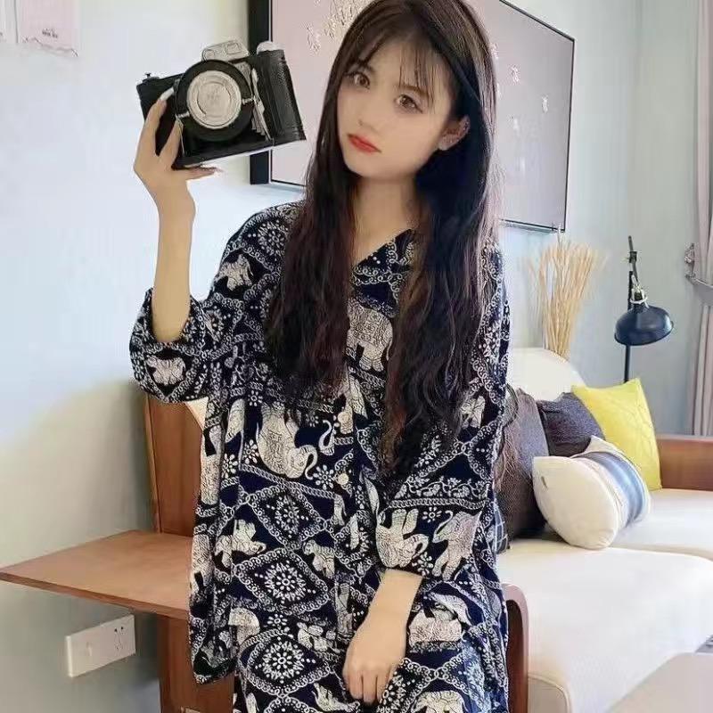 100% вискоза с цветочным принтом, женская пижама в стиле кимоно, свободный тонкий V-образный вырез, рукава три четверти, 2 предмета, одежда для сна, свободная домашняя одежда