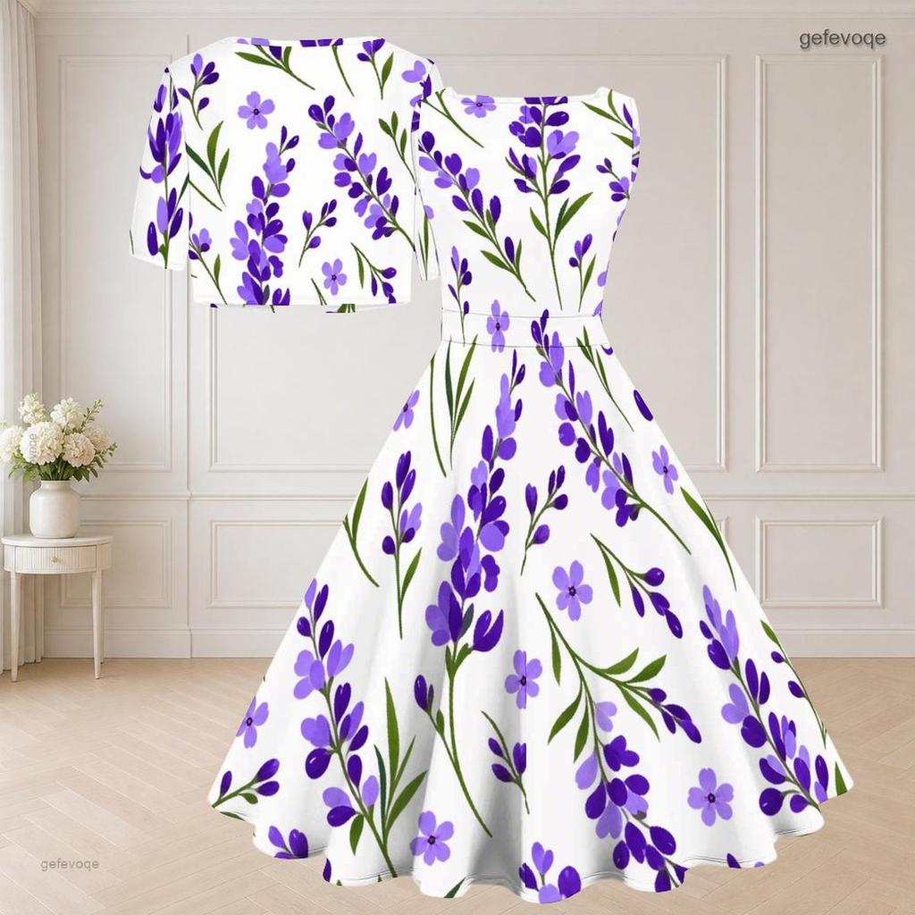 Women Plus Size Two Piece Set Black White Floral Printed Sleeveless Square Neck Tie Waist Flared Dress Short Sleeve Cropped Shrug
