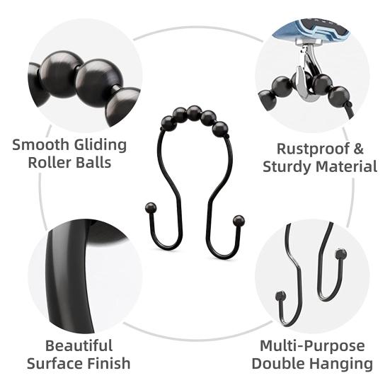 Yousheng 12 шт. крючков для душевой занавески, двойные крючки, хороший баланс, сильная несущая способность, роликовый шарик, плавное скольжение, крючок для занавески, кольцо, принадлежности для ванной комнаты