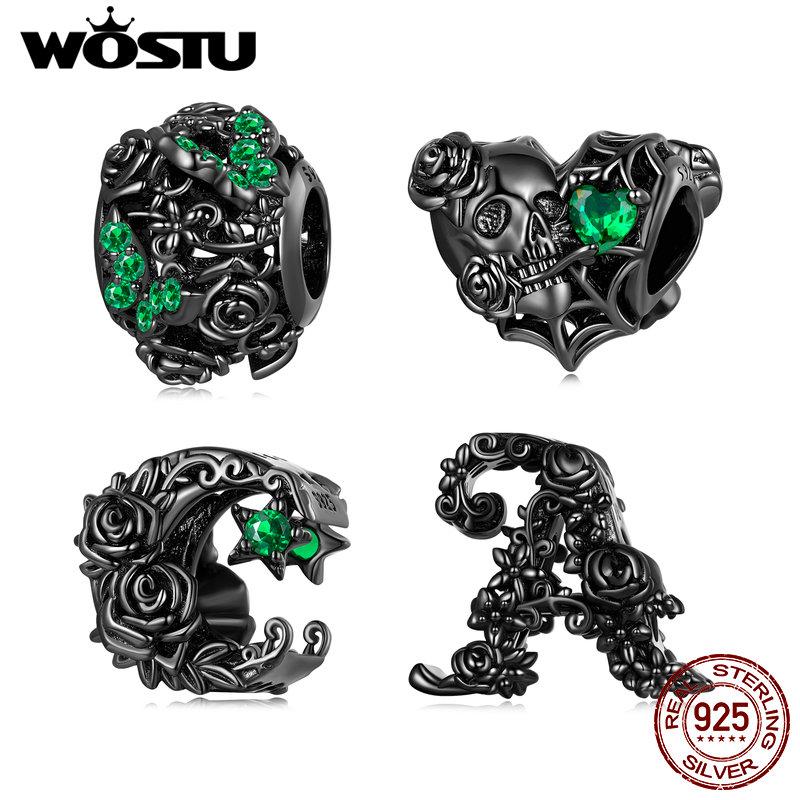 WOSTU 925 Sterling Silver Moonlight Rose & Skull Heart-shaped Rose & Letter A Charms Beads for Women DIY Original Bracelet Necklace Fashion Jewelry
