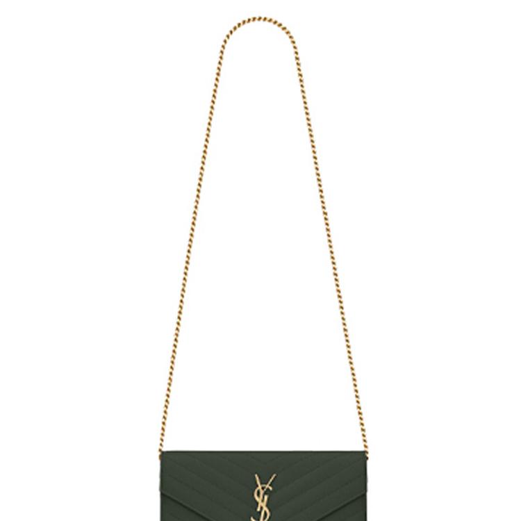 Saint Laurent Сумка-кошелек YSL Monogram с золотым логотипом, стеганая, с застежкой-кнопкой, из кожи, на цепочке, через плечо, женская, темно-зеленая, 377828BOW013051