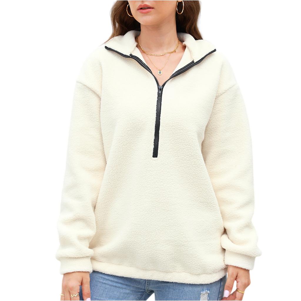 Women's Fashion Casual Versatile Loose Plush Top Half Zipper Pullover Long Sleeve Sweatshirt Sweatshirt