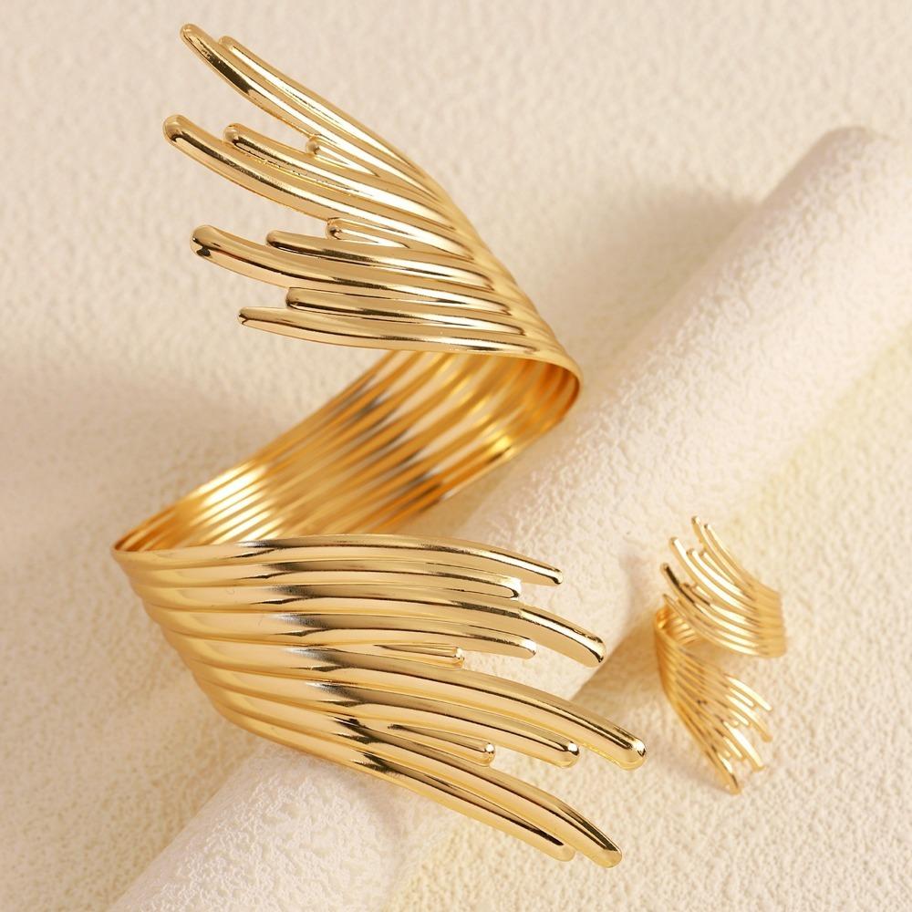 Exaggerated Personality Stainless Steel Feather Wings Open Bangles Rings Set for Women Fashion Designer Banquet Jewelry Gifts