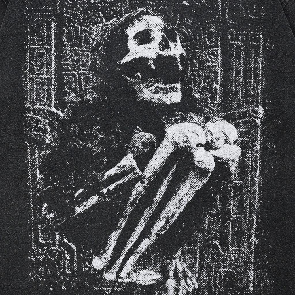 2024 Streetwear Skeleton Girl Graphic Unisex T-Shirt Cotton Washed Black Tshirt Unisex Tops Tees Summer Short Sleeves T Shirt