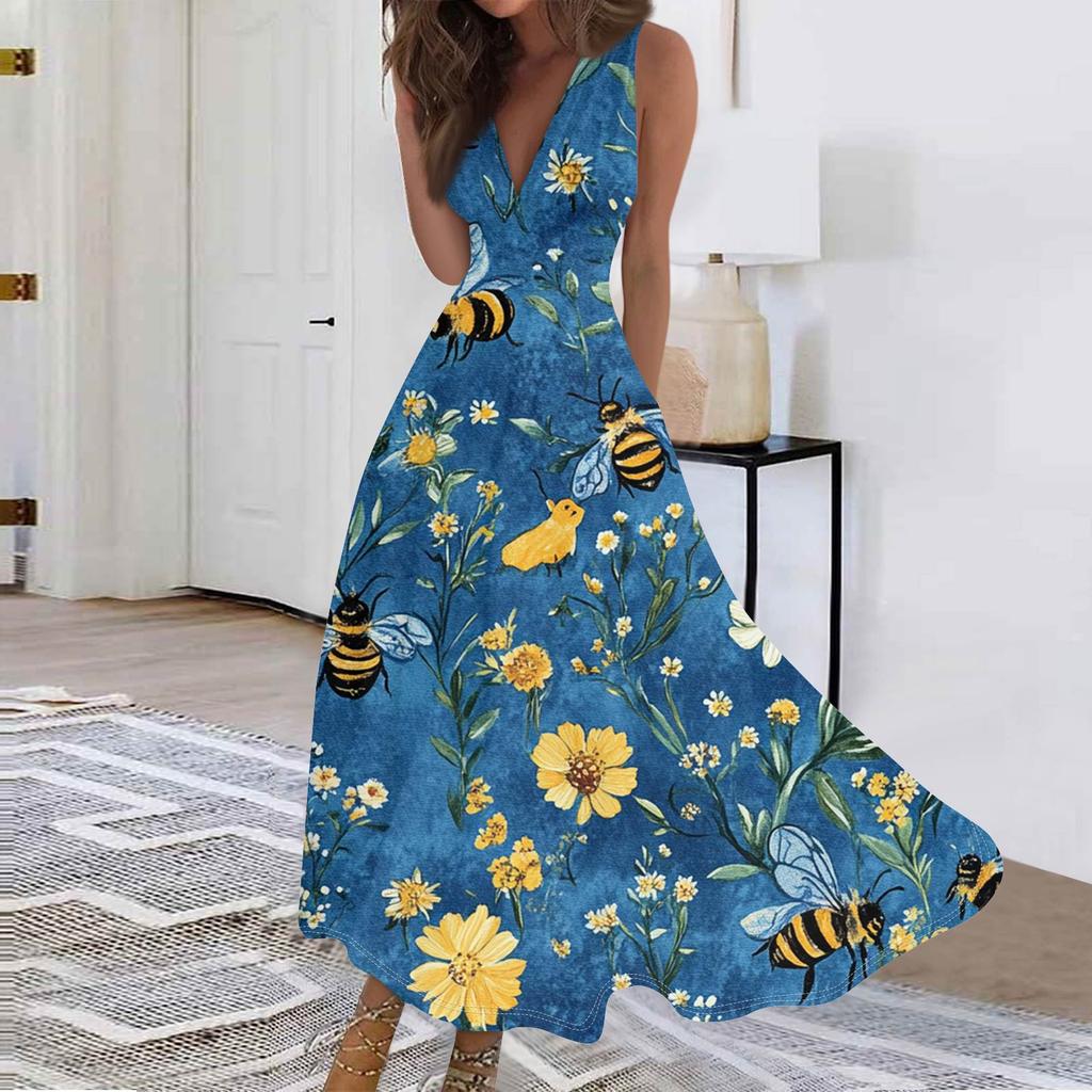 Женские модные повседневные свободные платья с V-образным вырезом без рукавов с принтом