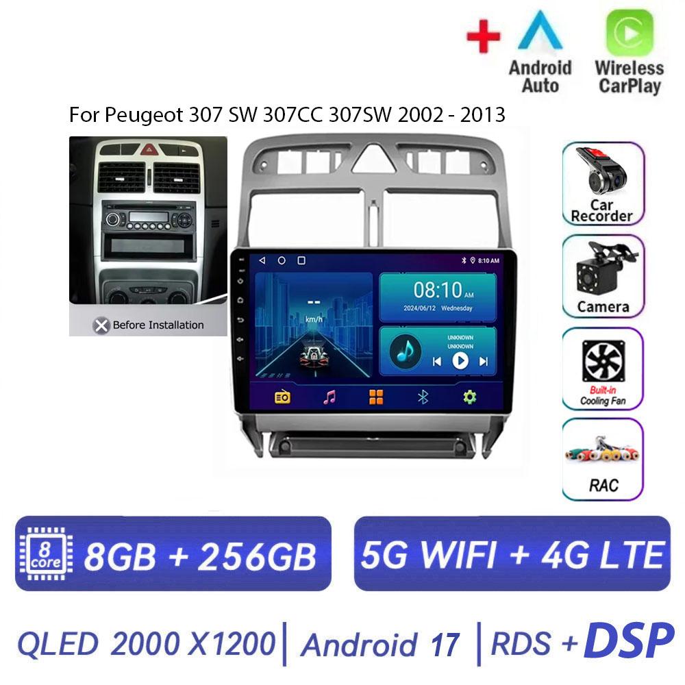 Autoradio Android 17 pour Peugeot 307 SW 307CC 307SW 2002 - 2013 Lecteur Vidéo Multimédia Navigation GPS Carplay Auto Head Unit