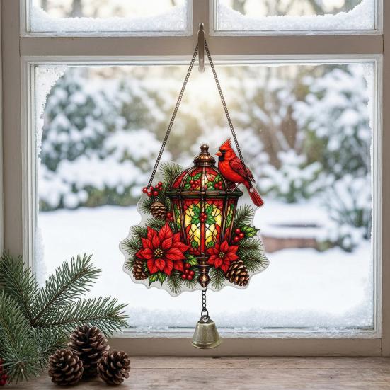Acrylic Lantern Hanging Ornament Vintage Bird Flower Ornament, Stained Glass Seasonal Decor Squirrel Decor, Window Door Decoration with Bell