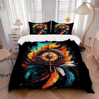 3pcs Compass Feathers Bedding Set, Includes 1 Comforter + 2 Pillowcases, Without Pillow Inserts, Soft Comfortable, Lightweight Breathable, P