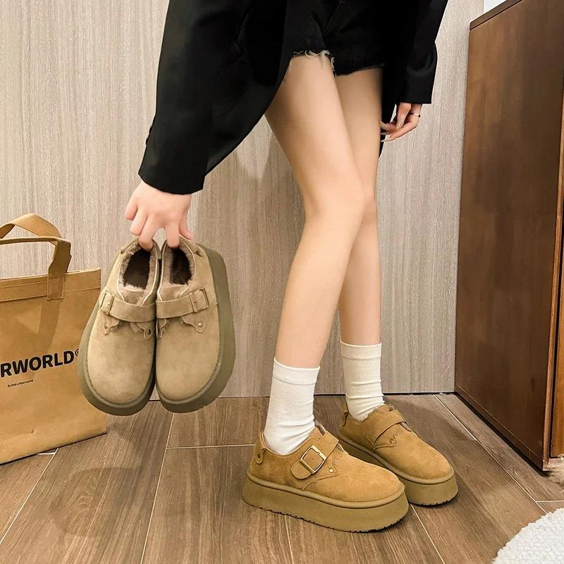 Fashion Women's Thick-soled Shallow-cut Snow Boots Plush Lining Round Head Sleeve Platform Shoes Suede Keep Warm Buckle Shoes for Women