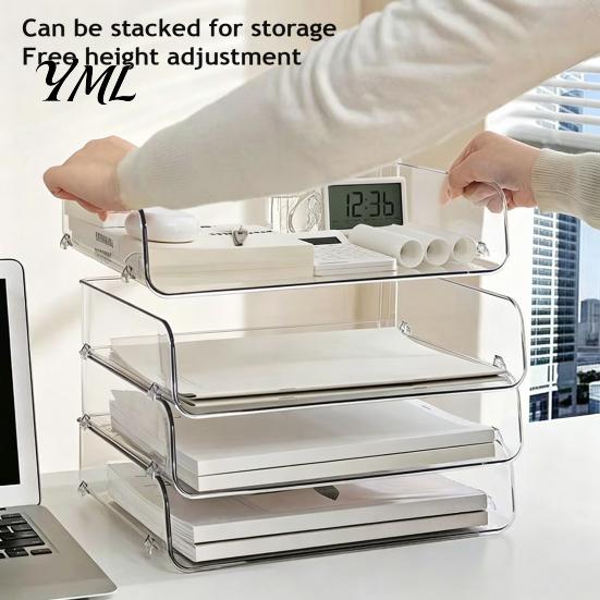 Desktop Stationery Storage Case Large Capacity Desk Organizer for Documents Files Letters A4 Paper Book Notes Mail, Compact File Tray Clear Stackable