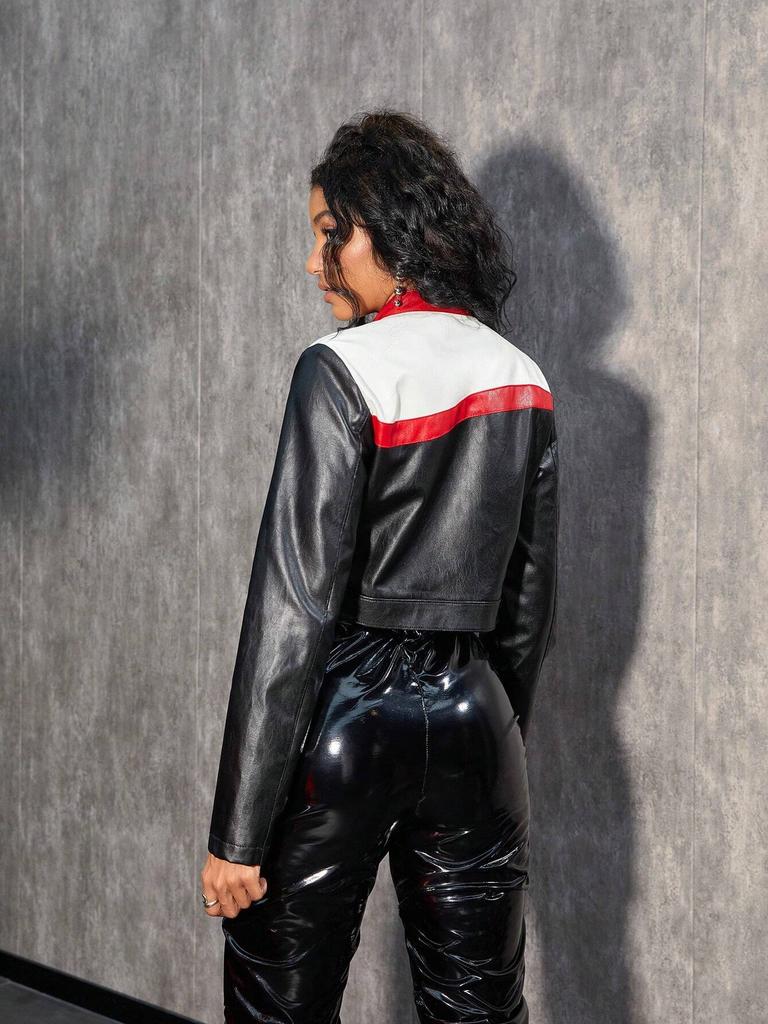 Rose Beauty A Bikercore Colorblock молния застежка укороченная искусственная кожа мотокуртка с заплатками