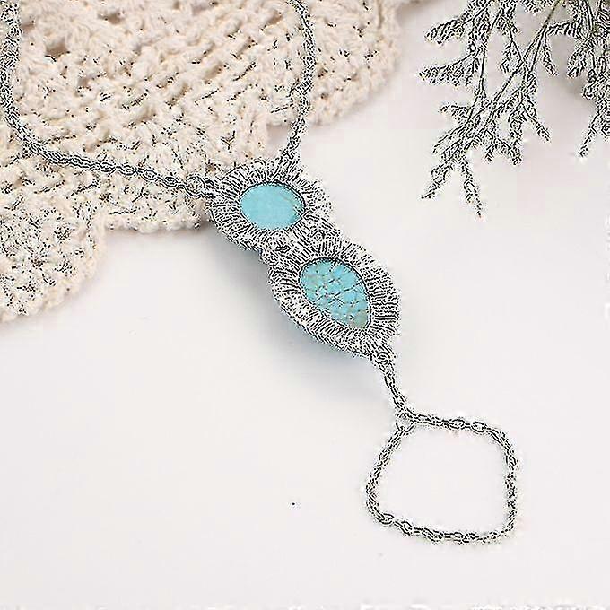 Women Boho Retro Celebrity Turquoise Slave Chain Ring Bracelet Hand Harness-antique Silver hwy