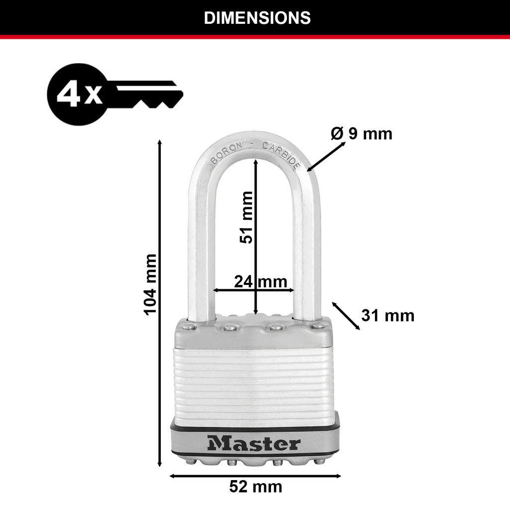 Master Lock Heavy Duty Laminated Steel Padlock, Long Shackle, Key