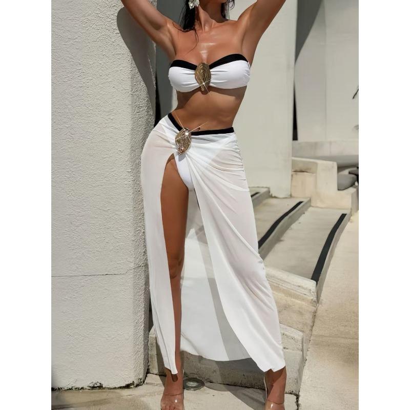 2026 New Style European Plain Color Three-Piece Long Dress Swimsuit Women's Beach Vacation Bikini Separate Swimsuit Set
