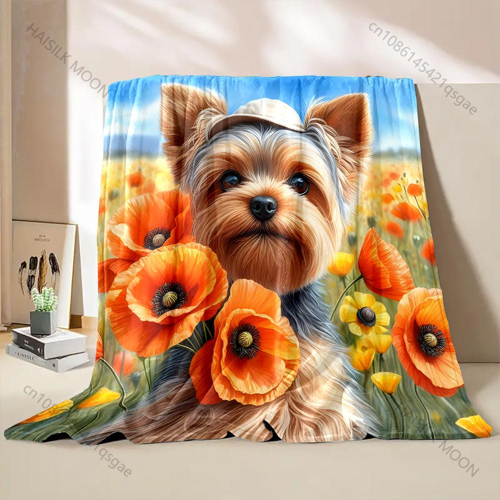 Multi-size Puppy and Flowers Print Blanket Warm Soft Luxury Gifts for Children Adults Suitable for Home Sofa Bed Travel Camping