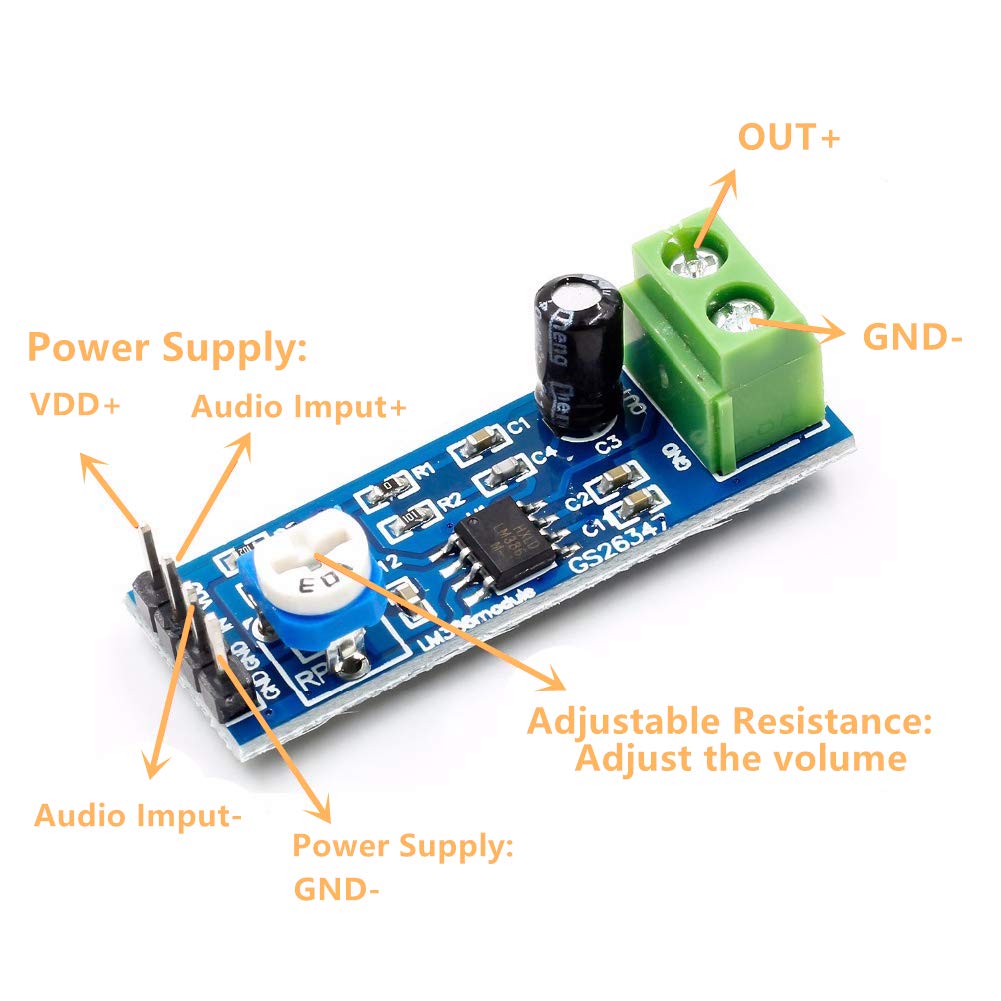Oiyagai 5-Pack 200× Gain LM386 Audio Amplifier Module (5–12 V) with Adjustable Volume & Speaker Connector for Arduino & DIY Audio Projects