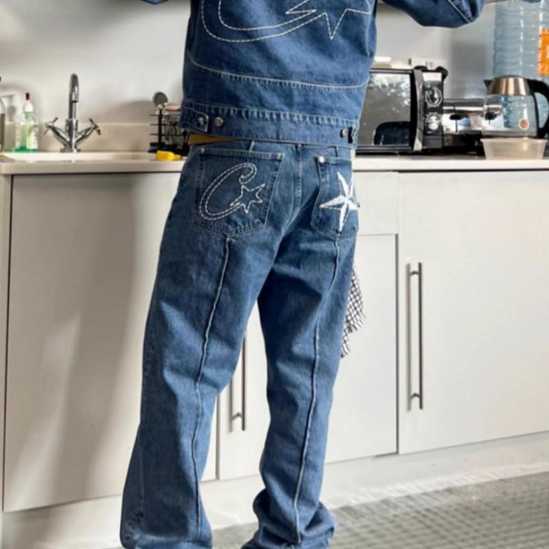 Mens Distressed Denim Shorts With Star Embroidery Hip Hop Streetwear Vintage Straight Fit Casual