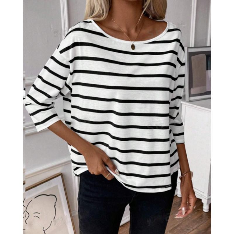 Women's Medium Sleeve Crew Neck Striped T-Shirt Loose Top