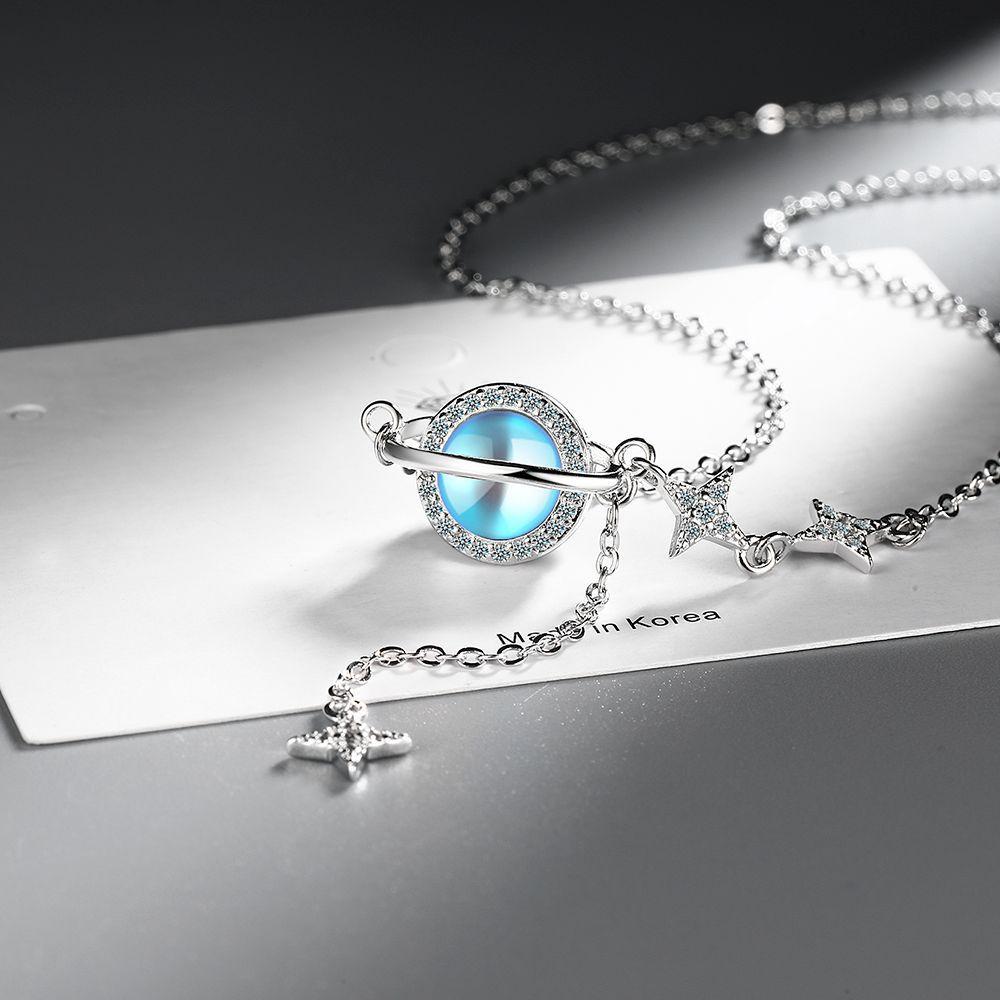 2026 Moonstone Planet Necklace Clavicle Chain Female Zircon Light Luxury Mori Autumn and Winter Star Moon Fringe Niche Design