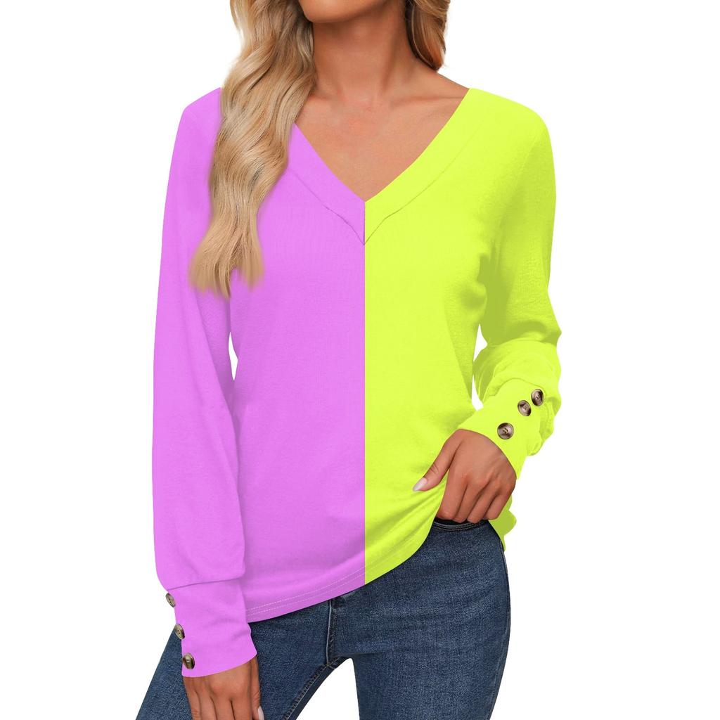 Женская повседневная модная рубашка с длинными рукавами и манжетами на пуговицах, свободная футболка с V-образным вырезом, осенняя одежда