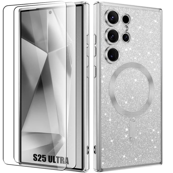 Чехол + 2 Закаленных стекла для Samsung Galaxy S25 Ultra, с Магнитным кольцом для защиты камеры - Серебристый силикон