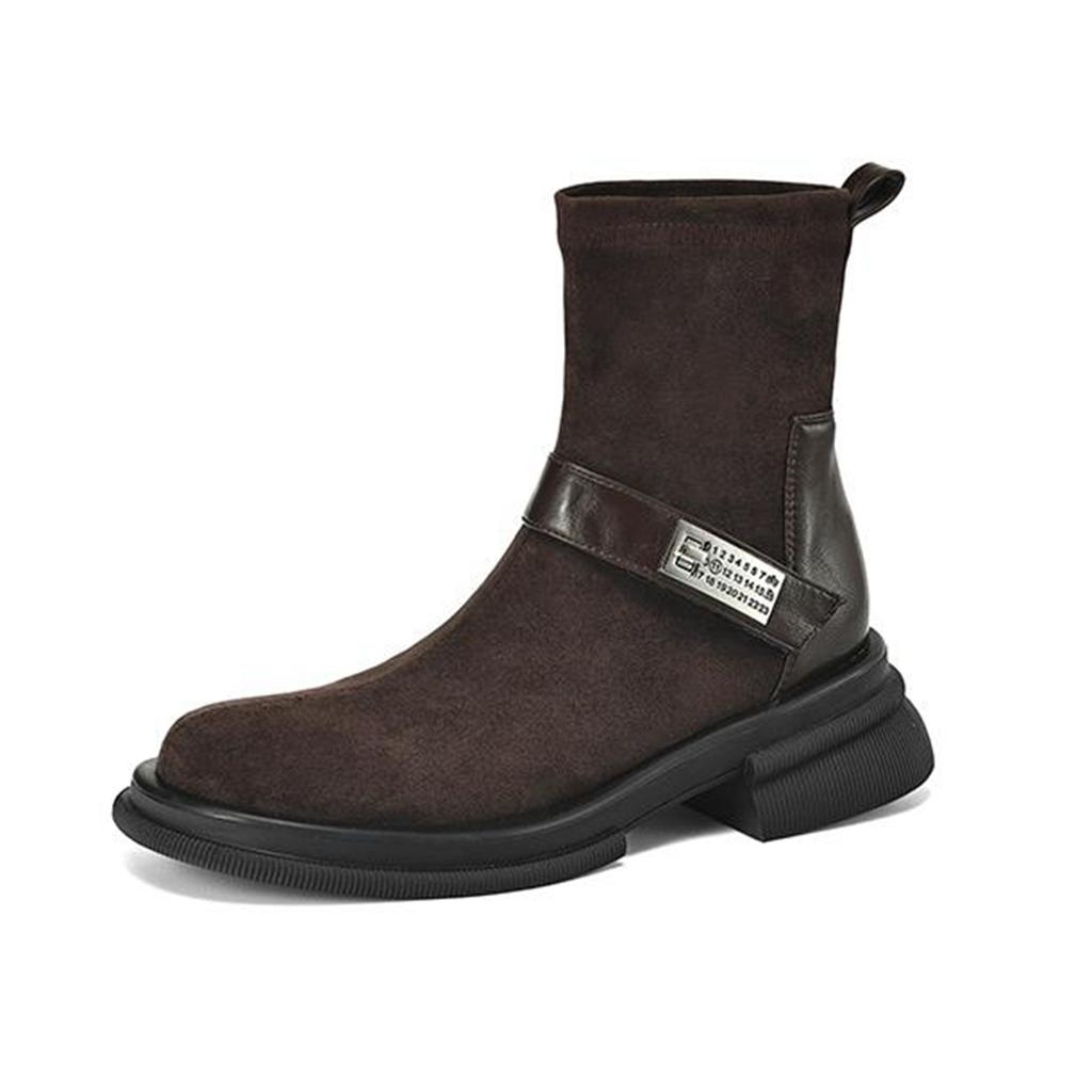 Krazing Pot Flock Autumn Winter Shoes Vintage Thick Heels Western Boots Metal Decoration Slip On Round Toe Keep Warm Ankle Boots