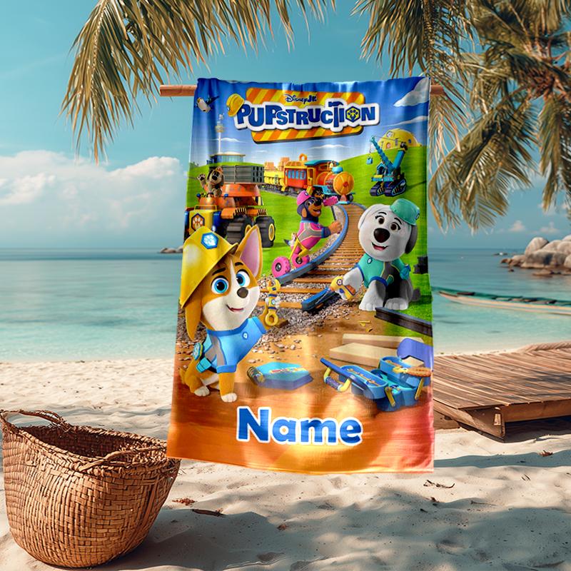 Custom Name Ultra-Soft Beach Towel with Pupstruction Theme,Ideal for Pool - Camping, Diving - Perfect Travel Essential, Vibrant Beach Towel.